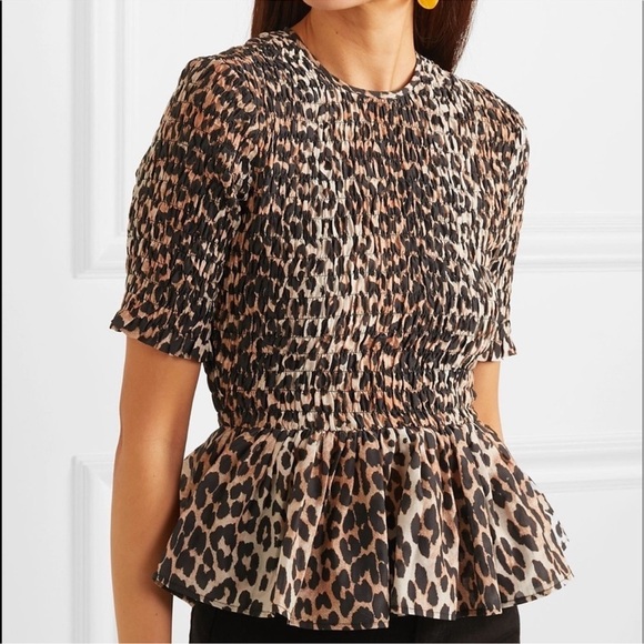 Ganni Tops - GANNI Leo Leopard Print Smocked Peplum Blouse Sz 36 / US 4 Cotton Silk Top